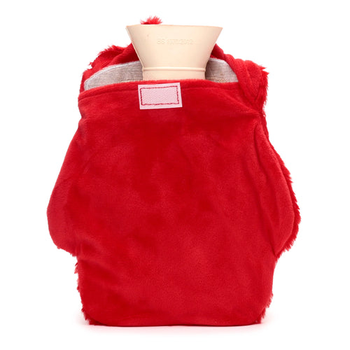 Red plush hot water bottle with a cover shaped like a Santa mitten, revealing the cream bottle neck with 'BS 1970:2012' standard.
