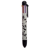 Front view of a white multi-colour pen featuring black and white panda illustrations. The pen has various coloured buttons at the top and a black pocket clip.
