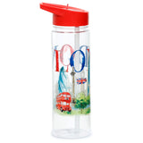 Front view of a clear reusable water bottle with red flip straw lid, featuring a colourful London cityscape illustration including a red double-decker bus, Big Ben, and Union Jack flag.