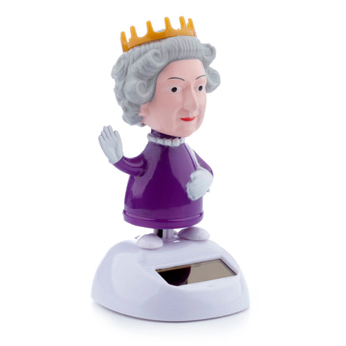 Angled front view of a novelty queen solar pal figure wearing a purple outfit and gold crown, waving, standing on a white base with a solar panel.