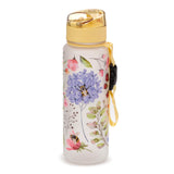 600ml opaque white water bottle with a colourful floral and bee pattern, featuring a yellow pop-top lid, and a yellow fabric carry loop with a black clip, shown from an angled upright view.