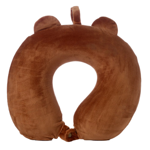 Front view of a brown plush U-shaped memory foam travel pillow, featuring bear ears and a fastening button at the neck.