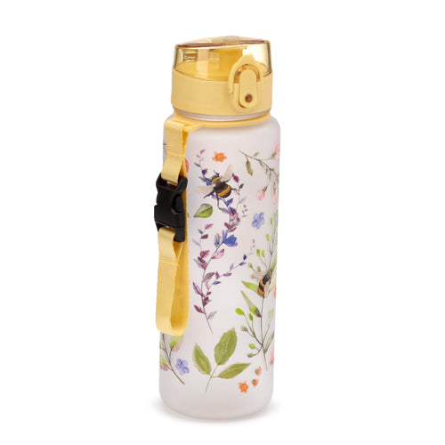 Angled view of a 600ml shatterproof water bottle with a frosted body, yellow pop-top lid, and a Nectar Meadows floral and bee pattern. A yellow carry strap with a black buckle is attached.