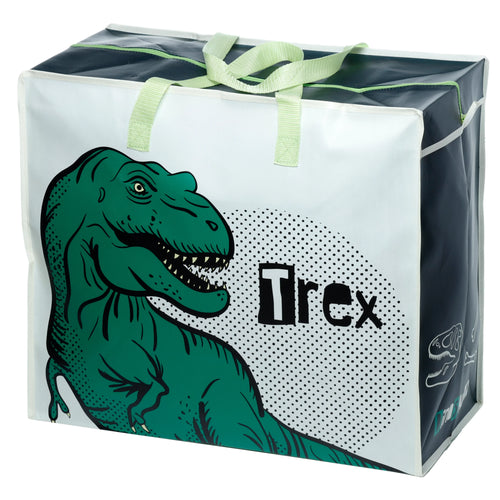Angled front view of a white and dark grey Dinosauria Zip Up Laundry Storage Bag, featuring a large green T-Rex illustration and 'T-rex' text on the front, with lime green webbing handles and a matching lime green zip.