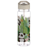 Full view of a clear reusable water bottle with a cream flip straw lid, featuring a colourful design of sitting and sleeping pandas amongst green tropical leaves.