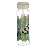 Front view of a clear reusable water bottle with a beige lid, a clear internal straw, and a colourful design featuring a black and white panda amongst green bamboo and jungle foliage.