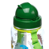 Close-up of a children's water bottle, showing its dark green dome-shaped lid with a raised spout, clear body with colourful dinosaur illustrations, and a bright lime green carry strap.