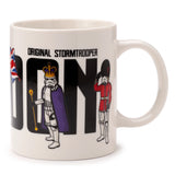 Front view of a white porcelain mug featuring a 'LONDON' design with a crowned Stormtrooper in a purple cape, a Stormtrooper dressed as a Beefeater, and a Union Jack flag, alongside 'ORIGINAL STORMTROOPER' text.