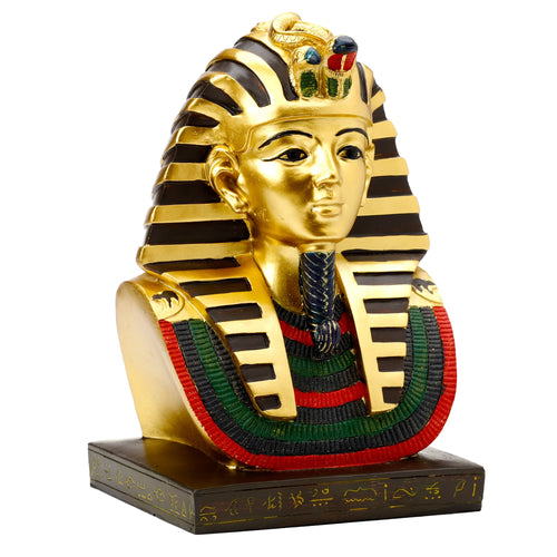 Front view of a decorative gold Egyptian Tutankhamen bust figurine on a white background. The bust features a striped nemes headdress with a golden cobra and blue/red/green details, a colorful broad collar with red, green, and black stripes, and a dark base with gold hieroglyphs.