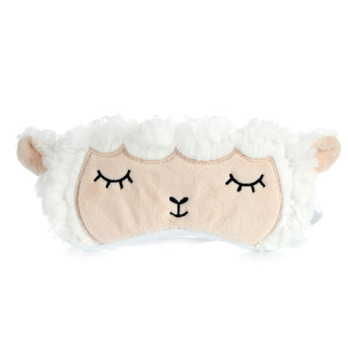 Front view of a plush white sheep eye mask featuring a beige face with embroidered sleeping eyes and nose.