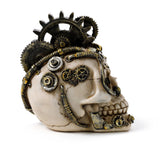 Side view of a bone-coloured Steampunk skull ornament, featuring metallic cogs, gears, and coiled springs.