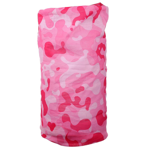 Pink camouflage neck warmer tube scarf, standing upright.