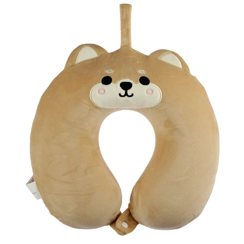 Front view of a beige plush Shiba Inu dog memory foam travel pillow, featuring embroidered face details, upright ears, a top hanging loop, and a bottom fastening snap.