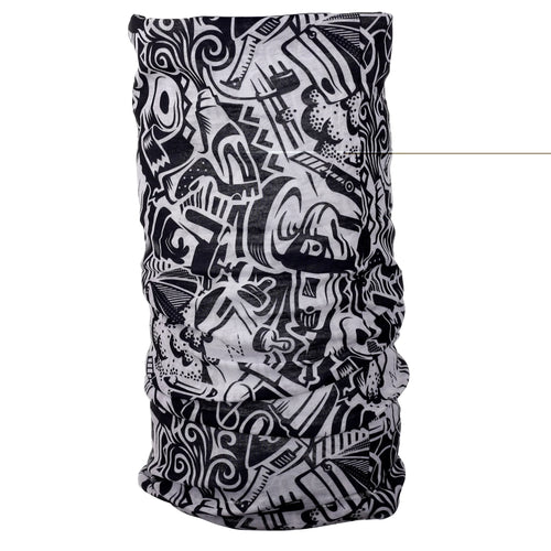 Black and white graffiti pattern neck warmer tube scarf, shown upright.