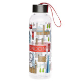 Front view of a clear reusable water bottle, decorated with colourful London icons including a red bus, telephone box, Tower Bridge, and the word 'LONDON', topped with a metallic silver-coloured lid and red carrying strap.