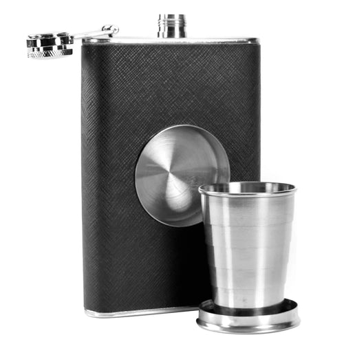 Hip Flask in Stainless Steel & Faux Leather with Built-in Collapsible 2 oz Cup -  8oz